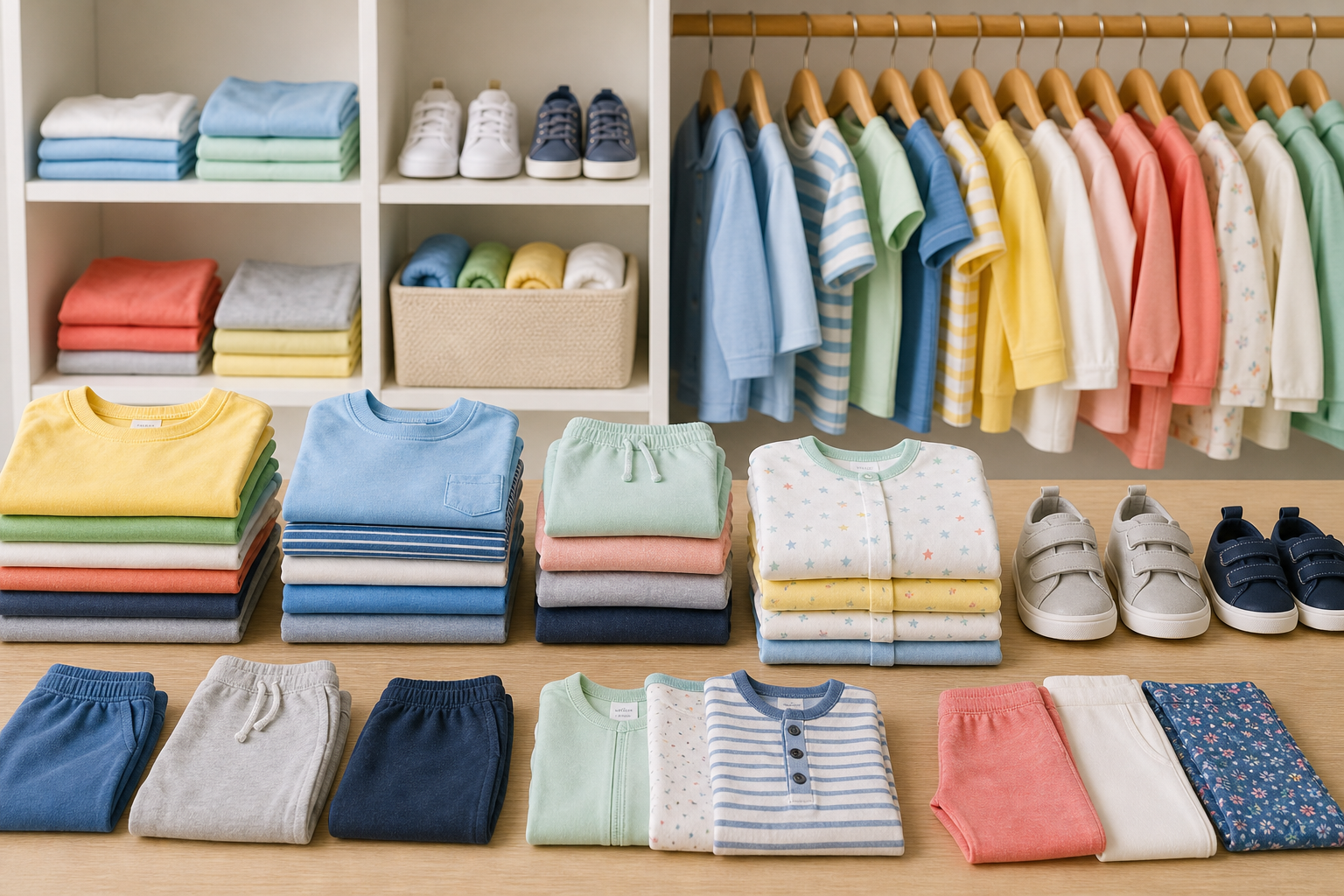 Folded children's clothing, babywear and everyday outfits